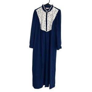 Vintage Navy Blue Ultra Plush Long Nightgown White Lace Details Ruffle Trim Sz M